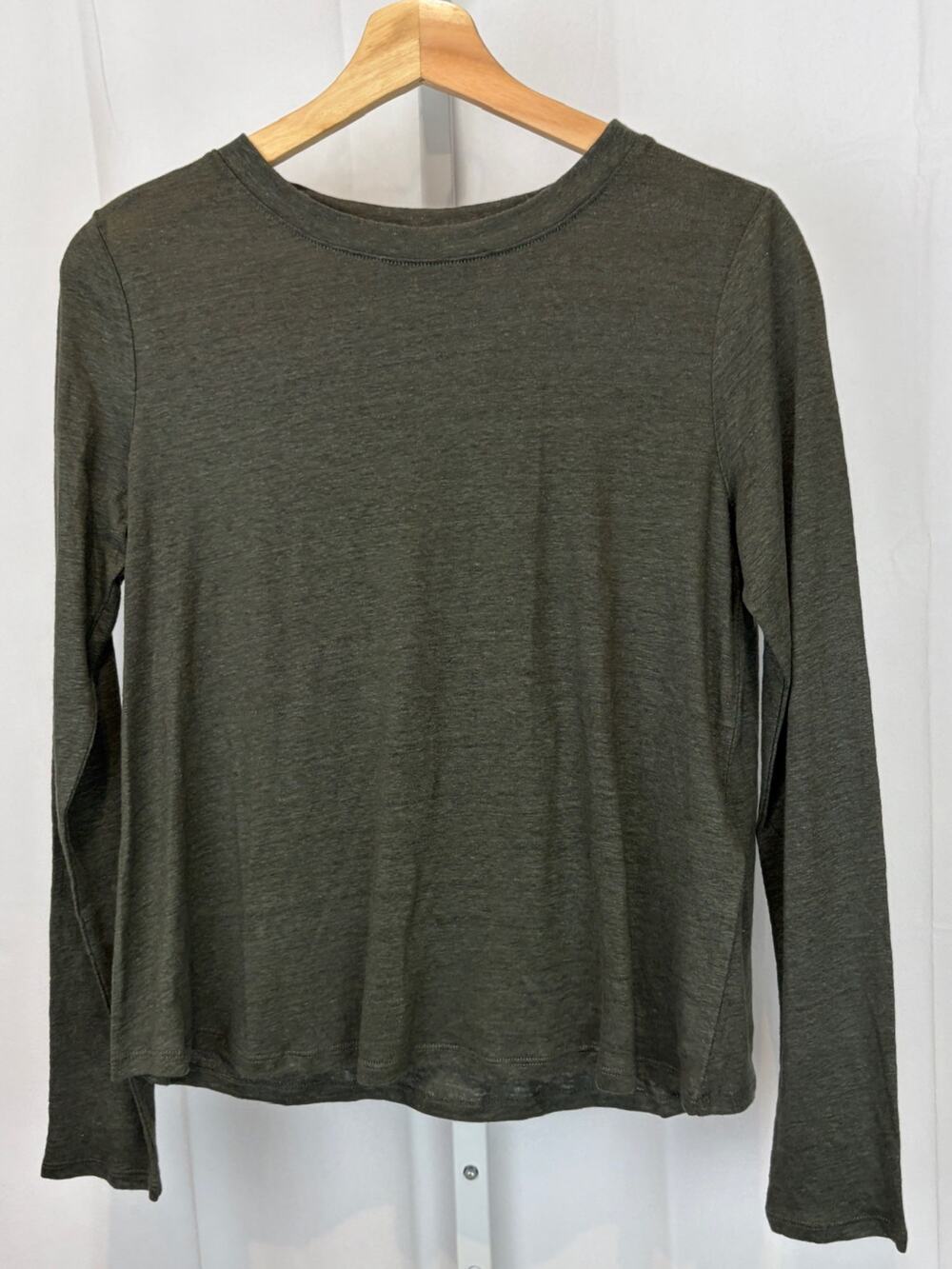 EILEEN FISHER Long Sleeve Crew Neck Top Organic Linen Jersey Dark Green 2XS XXS